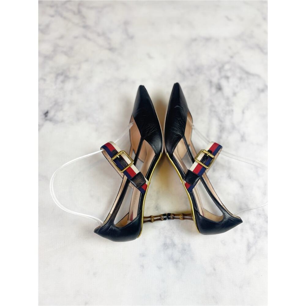 Gucci Unia Sylvie Web Strap Pumps Black Bamboo Kitten Heel 37.5 / 7.5 - Picture 9 of 11